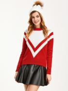 Shein Red Contrast Raglan Sleeve Chevron Pattern Sweater