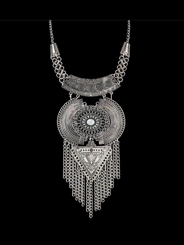 Shein Antique Silver Tibetan Design Long Tassel Geometric Chunky Statement Necklace