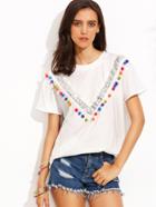Shein White Pom Pom Trim Sequin Panel T-shirt
