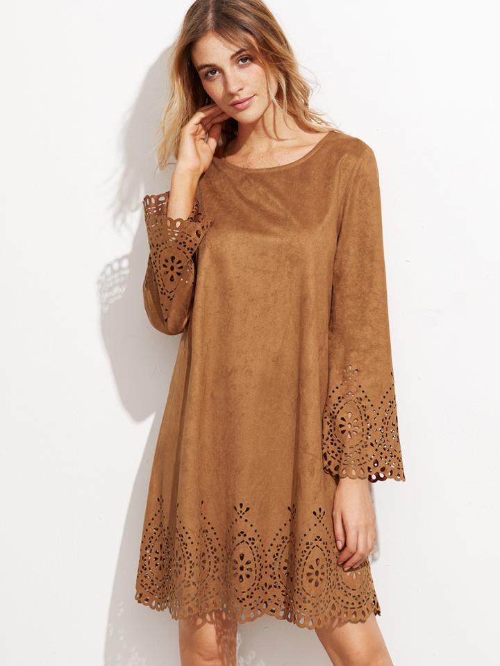 Shein Camel Faux Suede Laser Cutout Dress