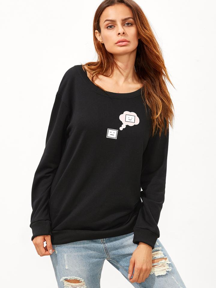 Shein Black Cartoon Print Sweatshirt