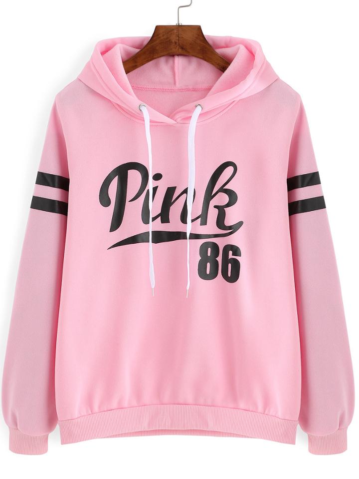 Shein Pink Drawstring Hooded Letters Print Sweatshirt