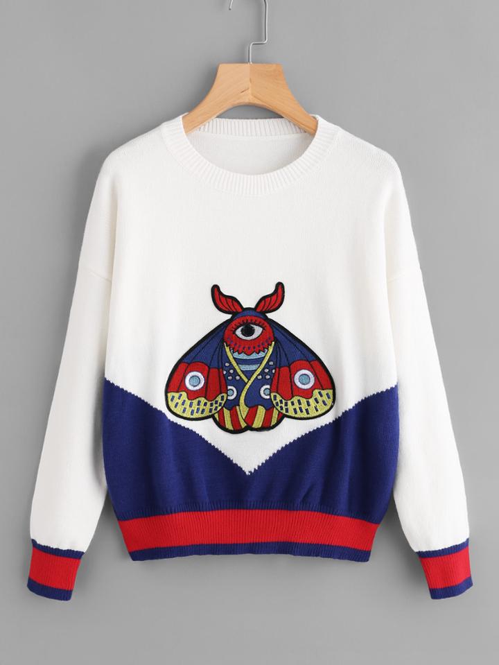 Shein Cut And Sew Embroidery Patch Drop Shoulder Sweater