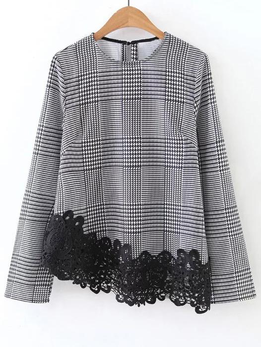 Shein Black And White Embroidered Lace Trim Asymmetric Houndstooth Top