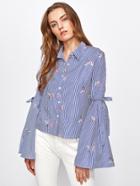 Shein Drop Shoulder Lace Up Sleeve Embroidery Blouse