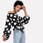Shein Exaggerated Lantern Sleeve Belted Polka Dot Top