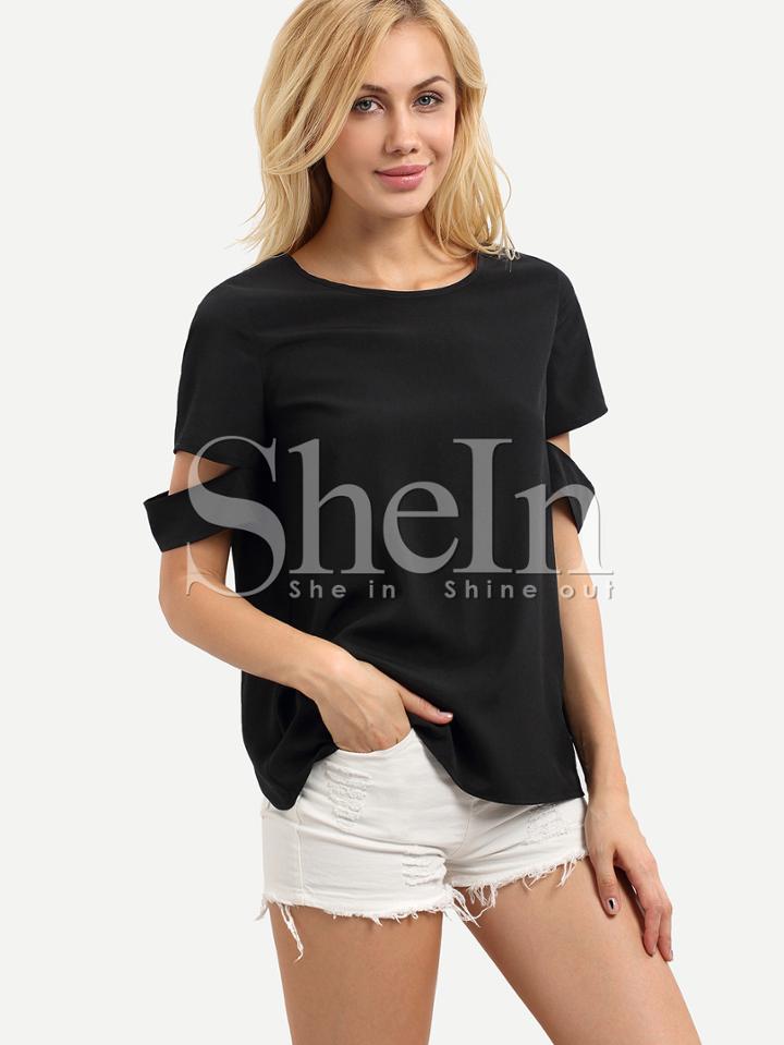 Shein Black Short Sleeve Cut Away Casual Blouse