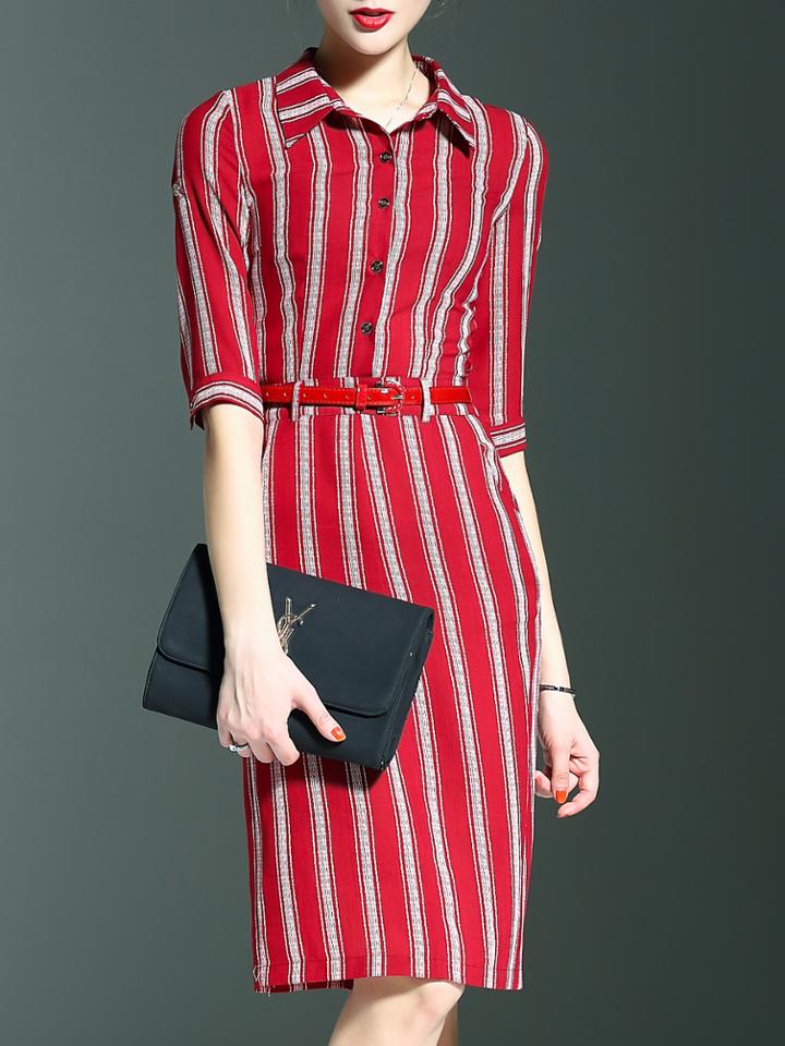 Shein Red Lapel Striped Belted Pockets Sheath Dress