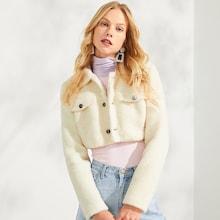 Shein Button & Pocket Front Fleece Solid Teddy Jacket