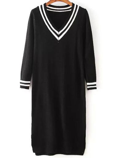 Shein Black V Neck Long Sleeve Striped Sweater Dress