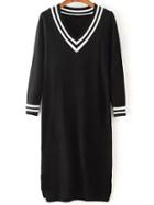 Shein Black V Neck Long Sleeve Striped Sweater Dress