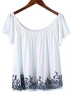 Shein White Scoop Neck Short Sleeve Embroidery Blouse