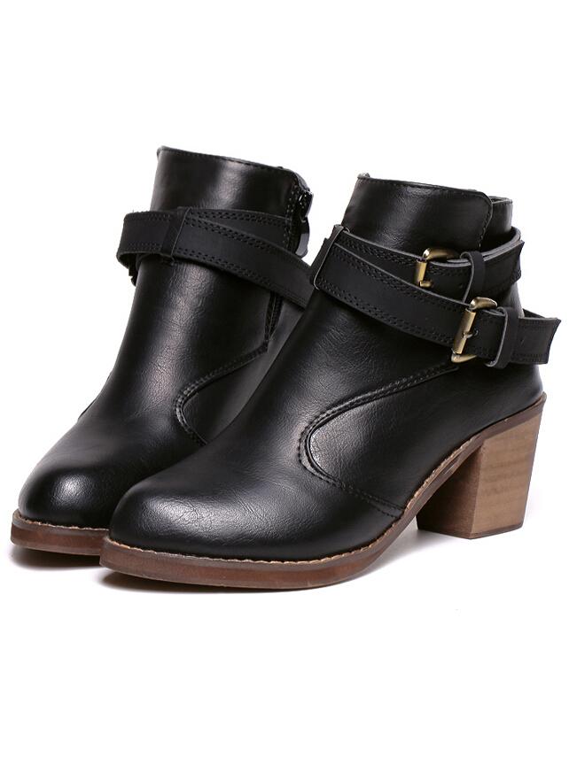 Shein Black Pointy Buckle Strap Zipper Pu Boots