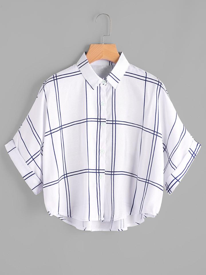Shein Grid Print Dip Hem Cuffed Blouse