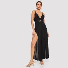 Shein Open Back Ruched Detail Solid Cami Jumpsuit