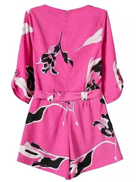 Shein Hot Pink Tie-waist Bow Flower Print Romper