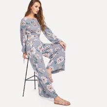 Shein Ruffle Open Back Floral Top & Palazzo Pants Set