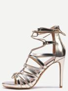 Shein Snake Embossed Lace-up Heeled Sandals - Gold