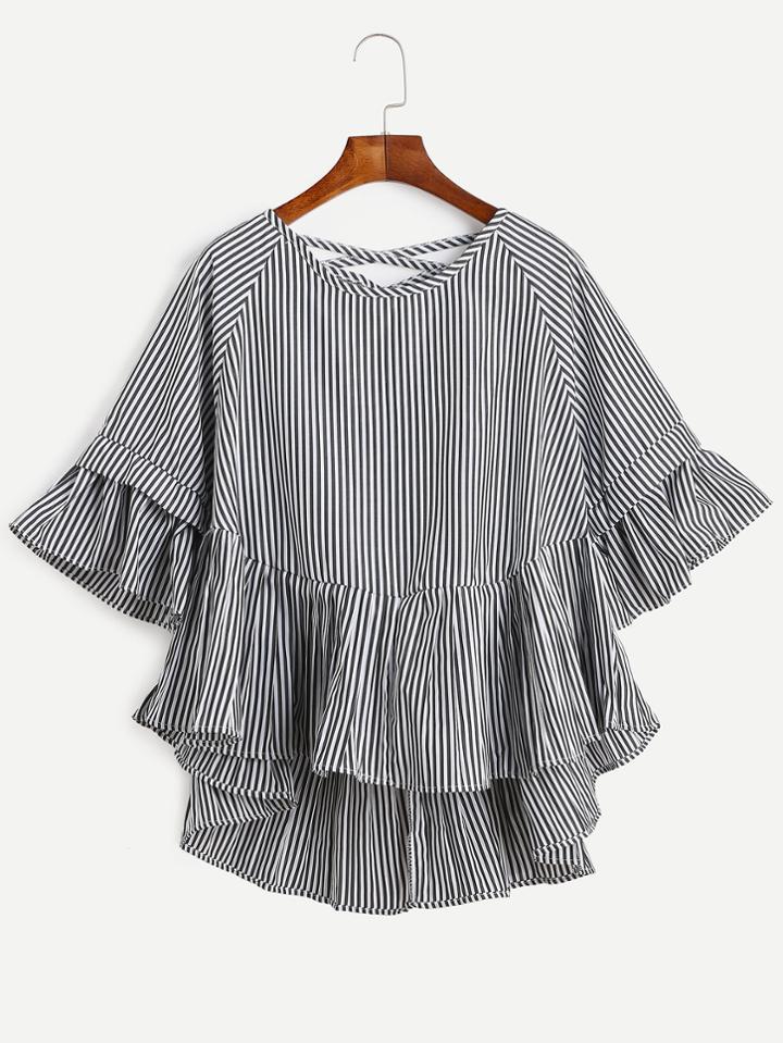 Shein Black Vertical Striped Lattice-back Ruffle High Low Top