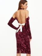 Shein Burgundy Halter Cold Shoulder Bow Tie Open Back Velvet Dress