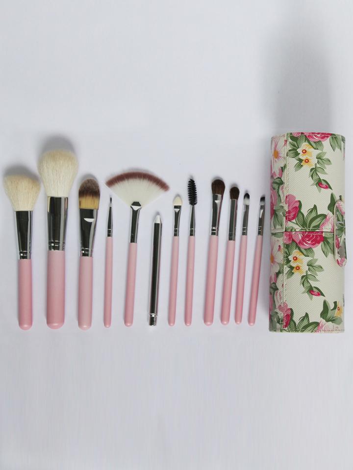 Shein Pink 12pcs Wool Makeup Brush Set With Florals Bucket Cylinder