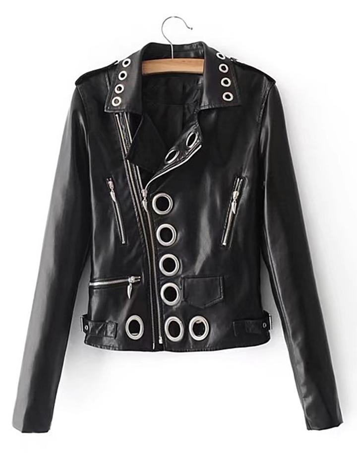 Shein Eyelet Design Oblique Zipper Moto Jacket