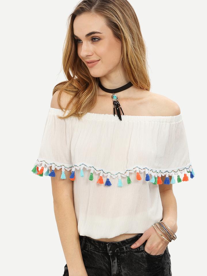 Shein White Tassel Trim Ruffled Off The Shoulder Top