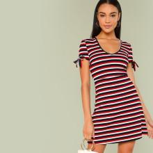 Shein V Neck Tied Cuff Striped Dress