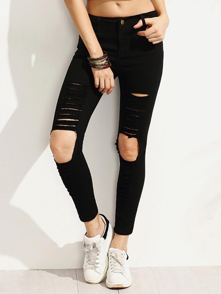 Shein Black Distressed Skinny Jeans