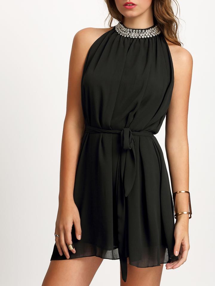 Shein Black Bead Collar Sleeveless Tie Waist Dress