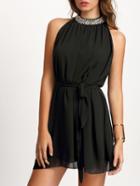 Shein Black Bead Collar Sleeveless Tie Waist Dress