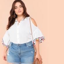 Shein Plus Cold Shoulder Pom Pom Trim Blouse