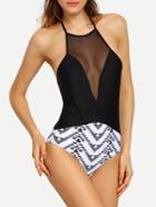 Shein Colro Block Mesh Neck One-piece Swimwear - Black