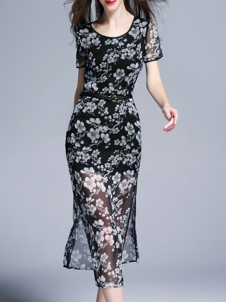 Shein Black Belted Floral Split Dress