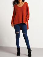 Shein Orange Deep V Neck Dip Hem Split Side Sweater