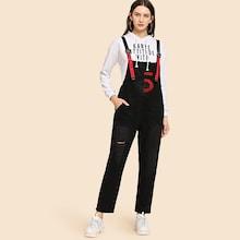 Shein Embroidered Ripped Denim Overalls