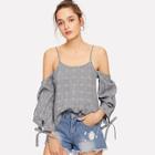 Shein Cold Shoulder Gathered Sleeve Plaid Top