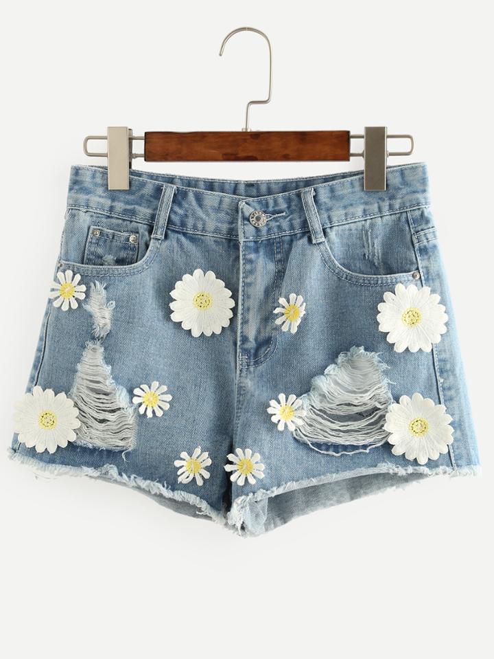 Shein Blue Flower Appliques Ripped Denim Shorts