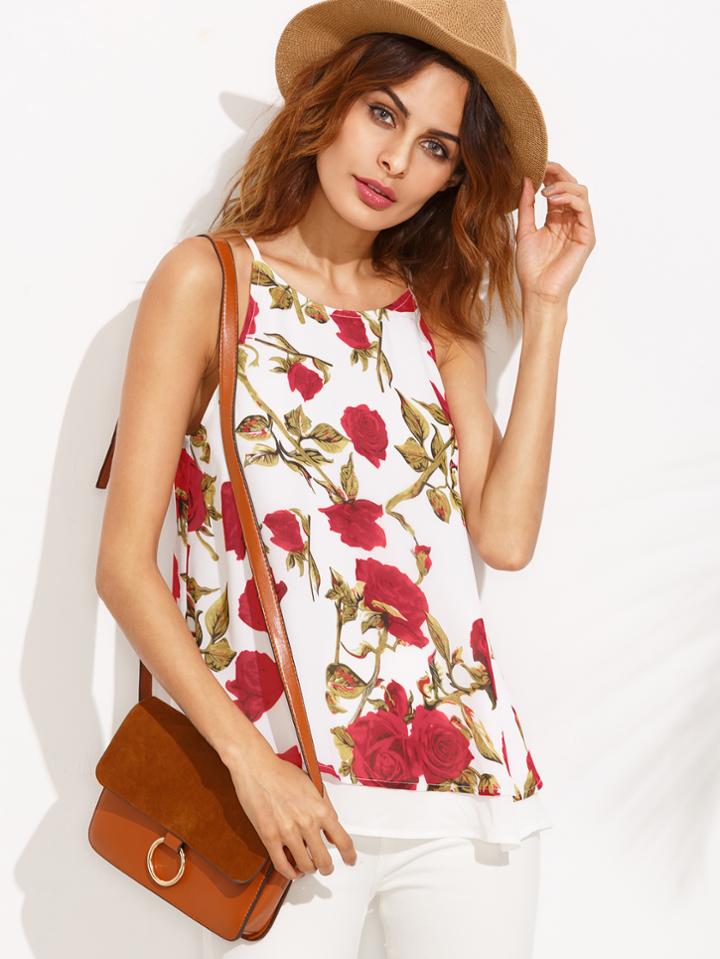 Shein Floral Print Double Layer Hem Cami Top