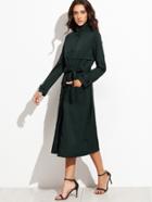 Shein Dark Green Stand Collar Belted Utility Trench Coat