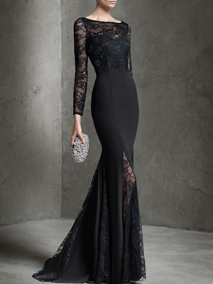 Shein Black Boat Neck Long Sleeve Contrast Lace Dress