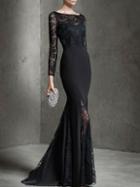 Shein Black Boat Neck Long Sleeve Contrast Lace Dress