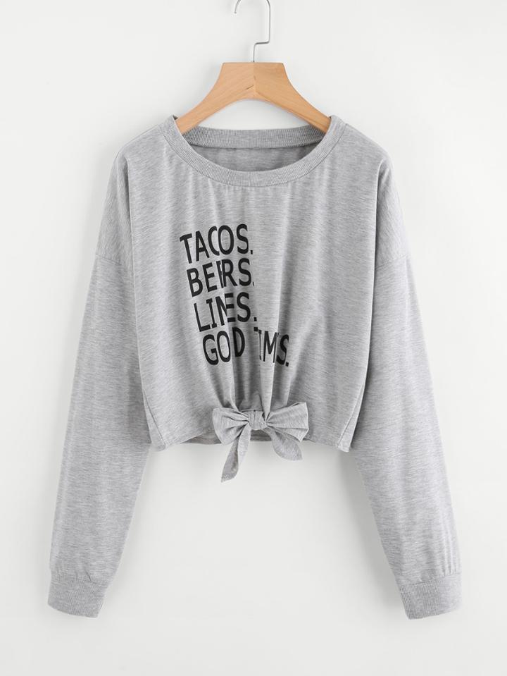 Shein Bow Tie Hem Heather Knit Sweatshirt