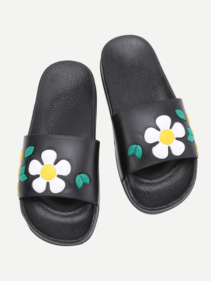Shein Flower Design Pu Flat Slides