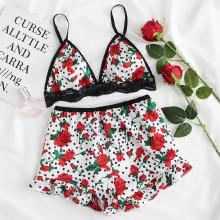 Shein Lace Trim Floral Bra & Ruffle Hem Shorts Pj Set