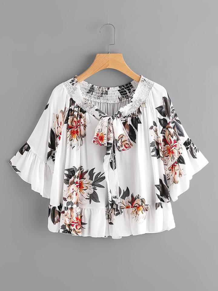 Shein Peony Print Bow Tie Front Trumpet Sleeve Blouse