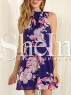Shein Blue Sleeveless Floral Patterned Print Dress