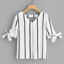 Shein V Neckline Knot Cuff Striped Blouse