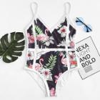 Shein Flower Print Contrast Piping Swimsuit