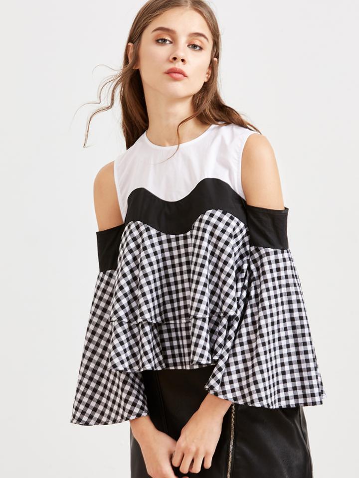 Shein Color Block Cold Shoulder Bell Sleeve Swing Checkered Top